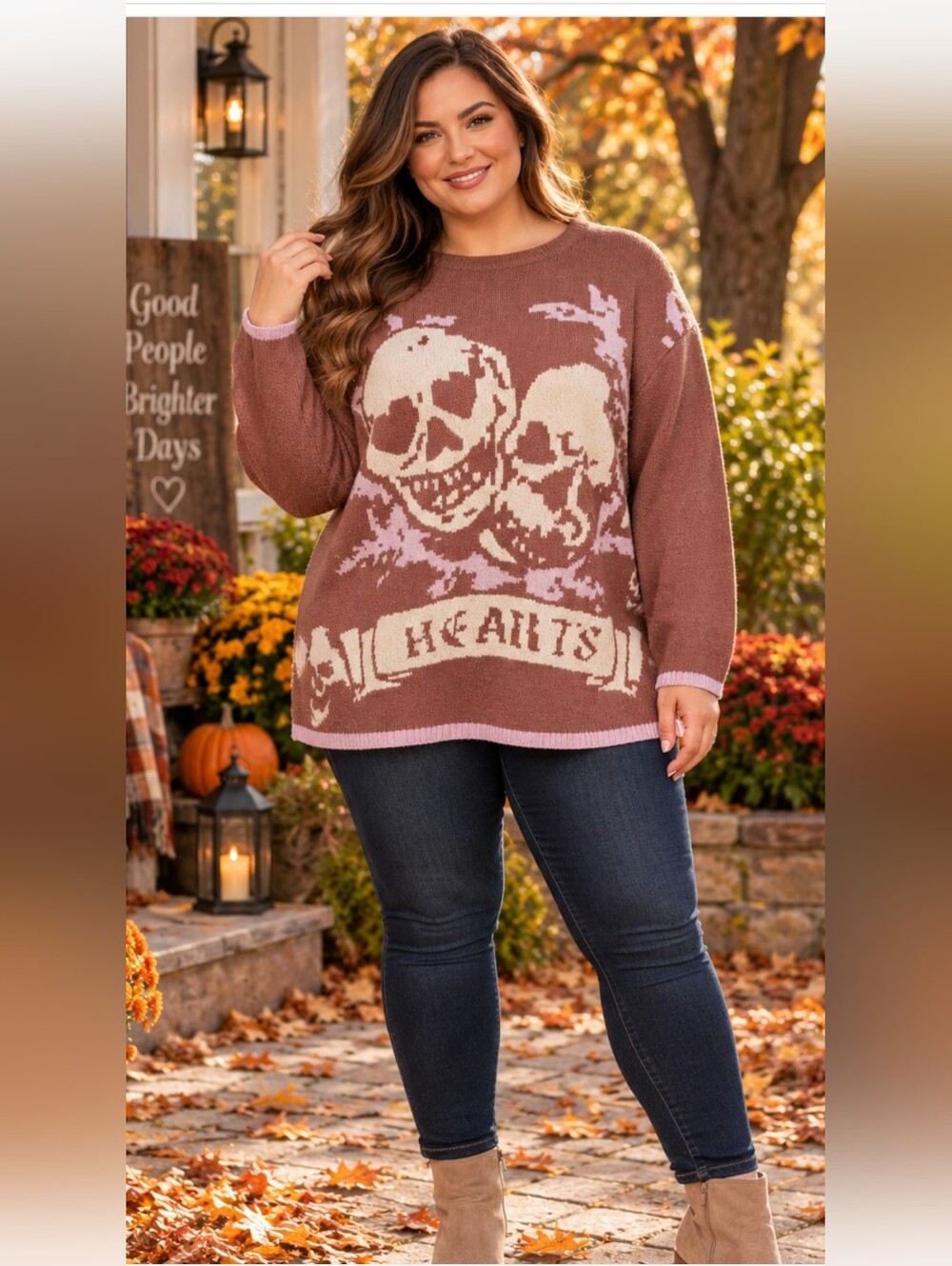 XXL Skull Hearts Graphic Sweater Brown Pink Gothic Halloween Pullover